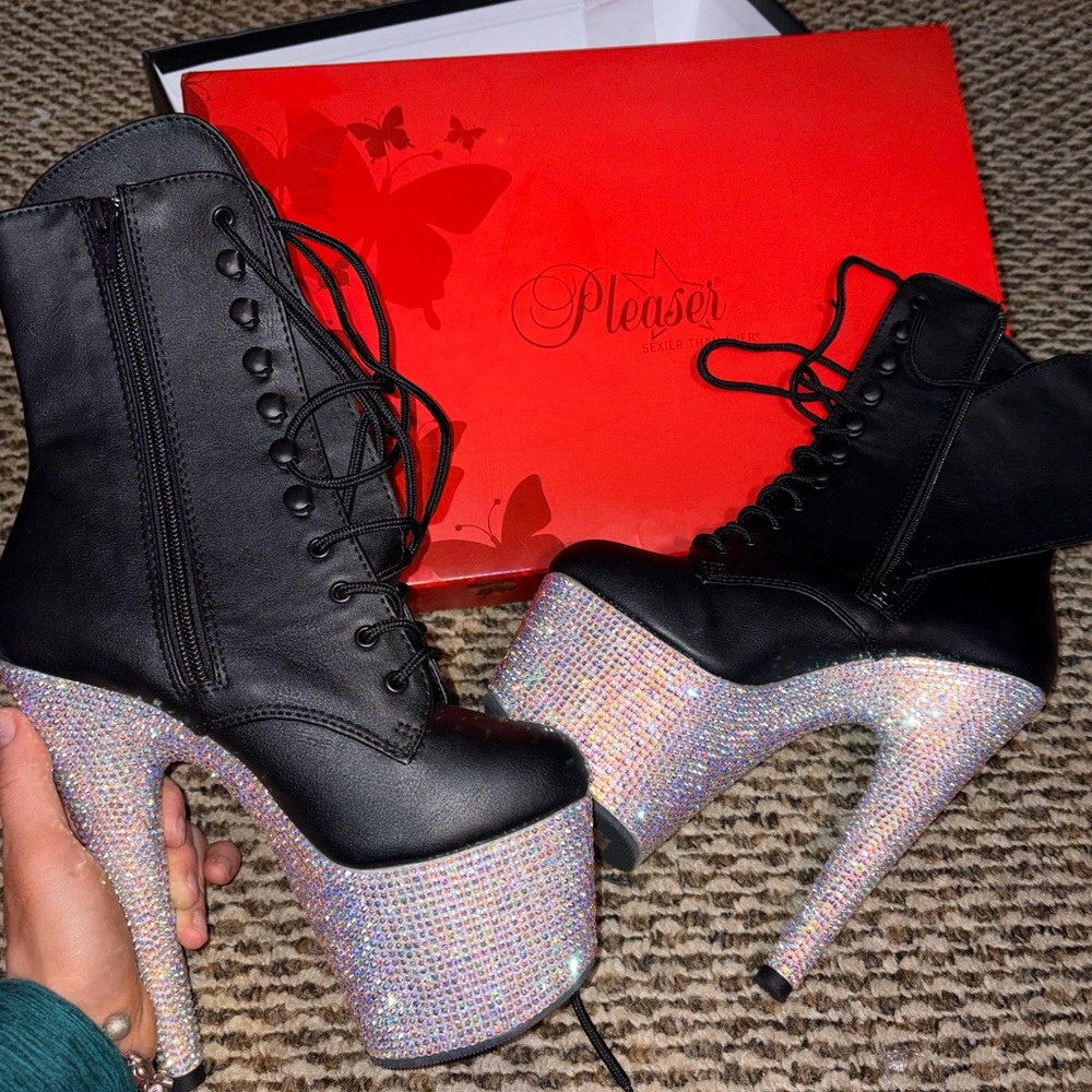 Pleaser Black Lace-Up Boots with Glittering Silver Heels